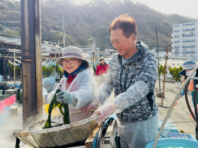 小坪の養殖わかめ干し作業体験 満喫!